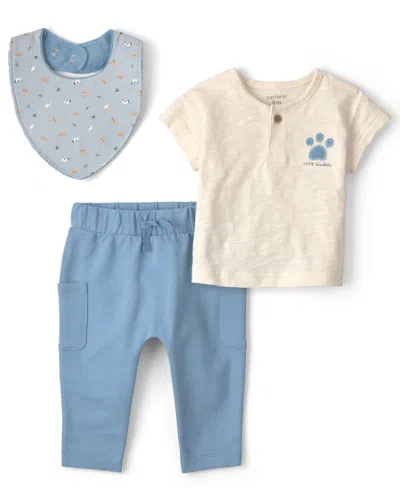 Carter's Baby Boys' Short-sleeve T-shirt, Bib And Pants, 3-piece Set In Blue