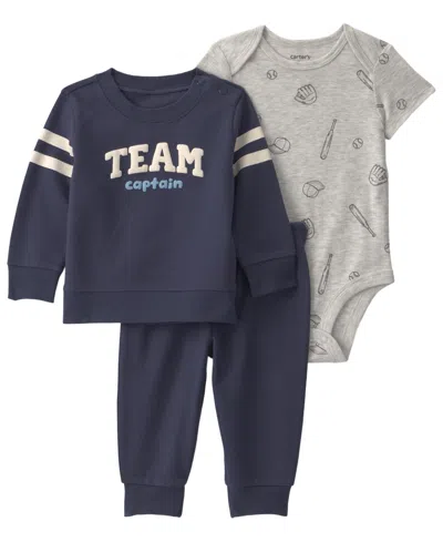 Carter's Baby Boys' Sports French Terry Layering Sweatshirt, Bodysuit And Pant, 3-piece Set In Blue