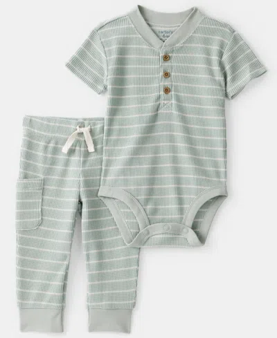 Carter's Baby Boys' Stripe Thermal Short-sleeve Bodysuit And Pants, 2-piece Set In Green