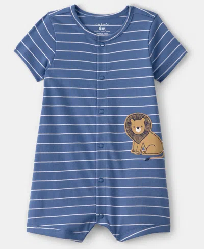 Carter's Baby Boys Striped And Lion Graphic Snap-up Romper In Blue
