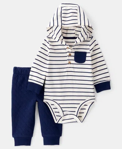 Carter's Baby Boys Striped Hooded Long-sleeve Bodysuit & Pants, 2 Piece Set In Blue