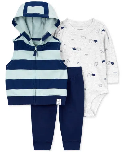 Carter's Baby Boys Striped Hooded Vest, Elephant-print Bodysuit & Solid Pants, 3 Piece Set In Blue