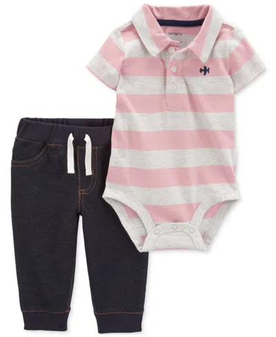 Carter's Baby Boys Striped Polo Bodysuit & Pants, 2 Piece Set In Pink