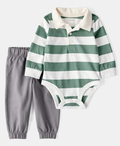 Carter's Baby Boys Striped Polo Bodysuit & Pull-on Pants, 2 Piece Set In Green