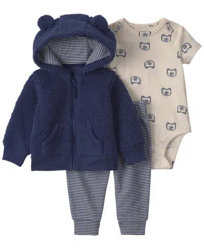 Carter's Baby Boys' Teddy Bear Fleece Jacket, Bodysuit And Pants, 3-piece Set In Navy Blue,cream