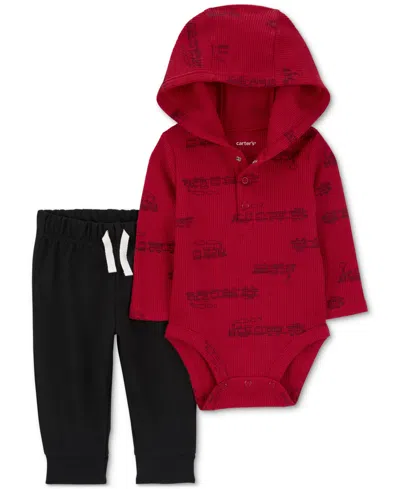 Carter's Baby Boys Train Hooded Thermal Bodysuit & Pants, 2 Piece Set In Red