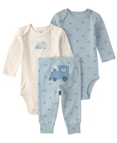 Carter's Baby Boys' Train Long-sleeve Bodysuits And Pants, 3-piece Set In Blue,cream