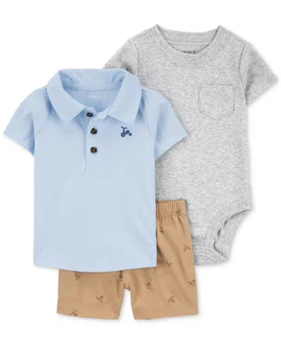 Carter's Baby Boys Tricycle Polo Shirt, Bodysuit & Shorts, 3 Piece Set In Med Blue