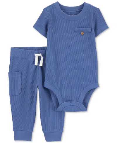 Carter's Baby Boys Waffle-knit Cotton Short-sleeve Bodysuit & Pants, 2 Piece Set In Med Blue