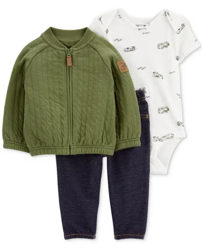Carter's Baby Boys Zip-up Jacket, Printed Bodysuit & Faux-denim Pants, 3 Piece Set In Green