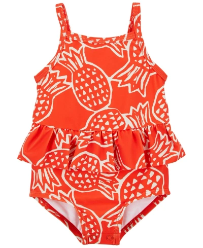 Carter's Baby  Pineapple Print Ruffled Swimsuit In Orange