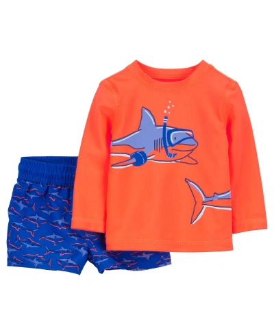 Carter's Baby  Shark Scuba Rash Guard Top And Shorts Swim Set In Orange