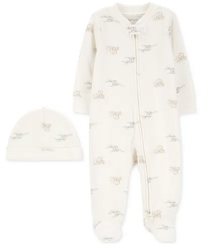 Carter's Baby Cotton 2-way-zip Elephant Footed Sleep & Play Coverall & Cap, 2 Piece Set In Ivory