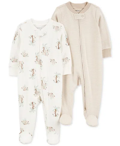 Carter's Baby Cotton 2-way-zip Footed Sleep And Play Coveralls, Pack Of 2 In Tan,stipes