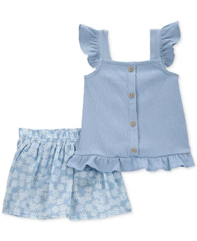 Carter's Kids' Baby Girls 2-pc. Flutter-sleeve Top & Floral-print Skort Set In Blue