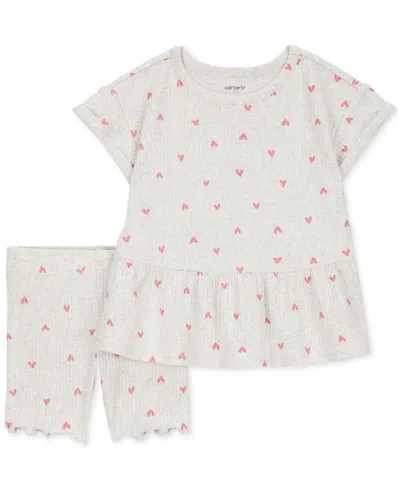 Carter's Babies' Toddler Girls Heart-print Top & Shorts, 2 Piece Set In Grey Heather
