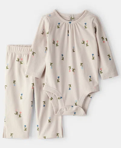 Carter's Baby Girls 2-piece Floral Bodysuit And Pants Set In Neutral