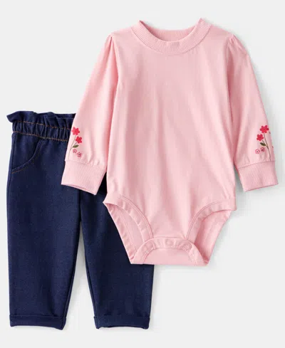 Carter's Baby Girls 2-piece Floral Long-sleeve Bodysuit And Pants Set In Pink