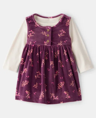 Carter's Baby Girls 2-piece Flower Print Dress And Bodysuit Set In Purple