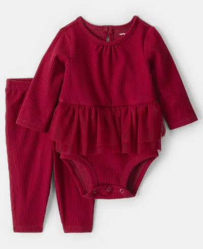 Carter's Baby Girls 2-piece Peplum Tulle Bodysuit And Pants Set In Red