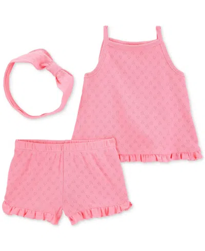 Carter's Baby Girls 3-pc. Cotton Pointelle Heart Headband, Top & Shorts Set In Pink
