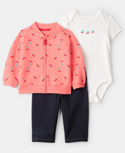 Carter's Baby Girls 3-piece Cherry Quilted Cardigan, Bodysuit And Pants Set In Brown