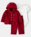 Carter's Baby Girls 3-piece Day Dream Fleece Cardigan, Bodysuit And Pants Set In Red