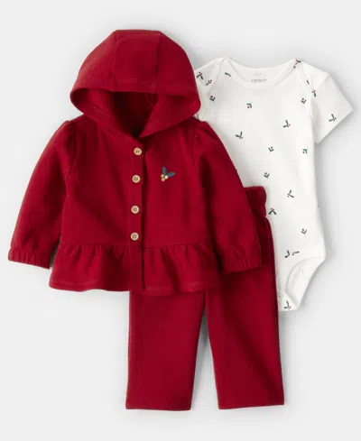 Carter's Baby Girls 3-piece Day Dream Fleece Cardigan, Bodysuit And Pants Set In Red