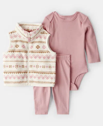 Carter's Baby Girls 3-piece Fair Isle Vest, Bodysuit And Pants Set In Pink