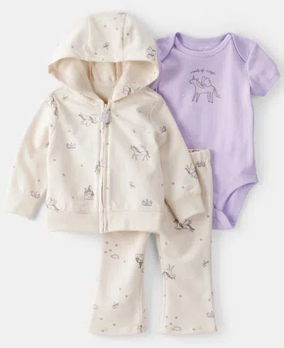 Carter's Baby Girls 3-piece Fantasy Print Jacket, Bodysuit And Pants Set In White