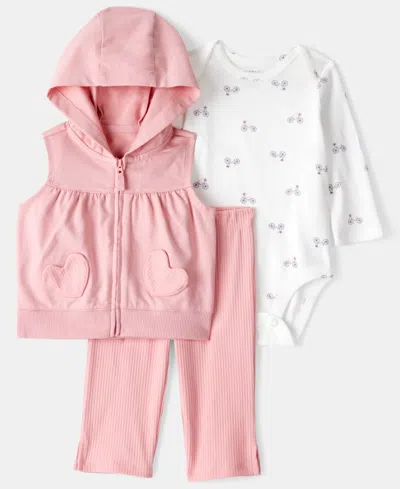 Carter's Baby Girls 3-piece Heart Detail Sleeveless Vest, Bodysuit And Pants Set In Pink