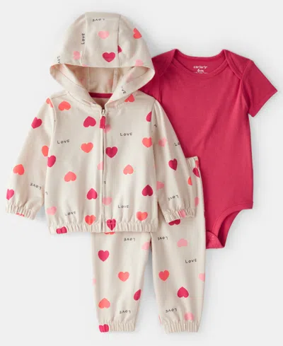 Carter's Baby Girls 3-piece Heart Print Jacket, Bodysuit And Pants Set In Multi