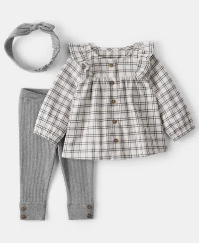 Carter's Baby Girls 3-piece Plaid Top, Pants And Headband Set In Gray