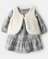 Carter's Baby Girls 3-piece Vest, Plaid Dress And Diaper Cover Set In Gray
