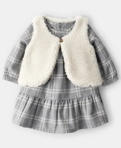 Carter's Baby Girls 3-piece Vest, Plaid Dress And Diaper Cover Set In Gray