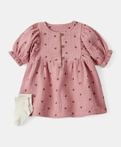 Carter's Baby Girls Acorn-print Short-sleeve Dress & Socks, 2 Piece Set In Pink