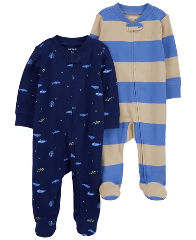 Carter's Baby Girls And Baby Boys Cotton Two Way Zip Footed Coveralls, Pack Of 2 In Blue Rib