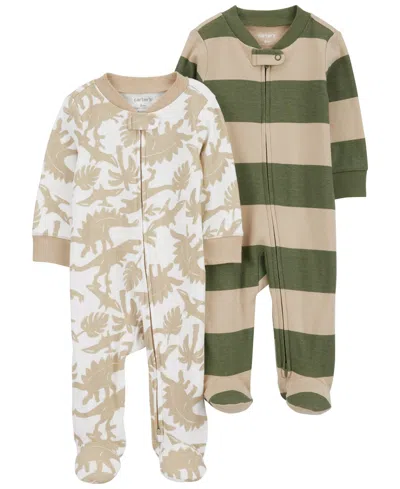 Carter's Baby Girls And Baby Boys Cotton Two Way Zip Footed Coveralls, Pack Of 2 In Green Rib