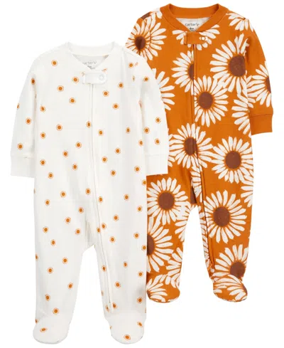 Carter's Baby Girls And Baby Boys Cotton Two Way Zip Footed Coveralls, Pack Of 2 In Orange