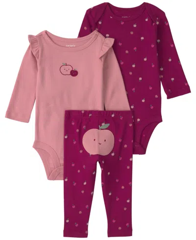 Carter's Baby Girls' Apple Long-sleeve Bodysuits And Pants, 3-piece Set In Multi