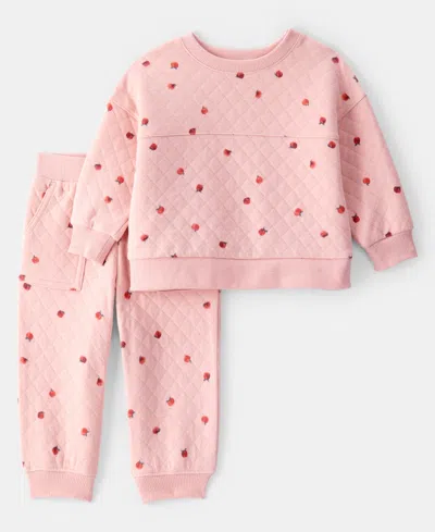 Carter's Baby Girls Apple-print Doubleknit Top & Pants, 2 Piece Set In Pink