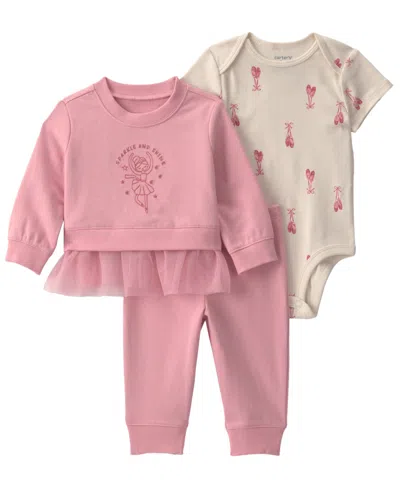 Carter's Baby Girls' Ballet French Terry Layering Long-sleeve Sweatshirt, Bodysuit And Pant, 3-piece Set In Pink