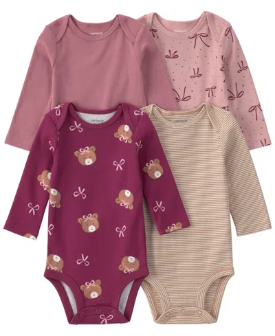 Carter's Baby Girls' Bear & Bows Long-sleeve Snap Closure Cotton Bodysuits, 4-pack In Multi