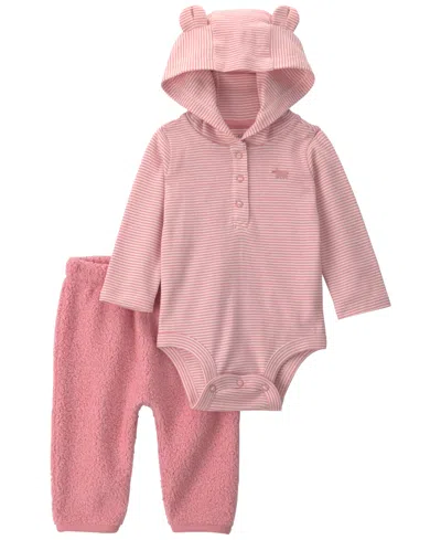 Carter's Baby Girls' Bear Teddy Long-sleeve Hooded Bodysuit And Pants, 2-piece Set In Pink