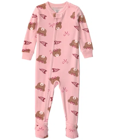 Carter's Baby Girls' Bears & Bows Snug-fit 2-way Zip Footed Pajamas In Pink