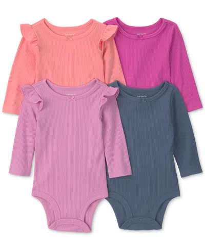Carter's Baby Girls' Bow Long-sleeve Bodysuits, 4-pack In Multi