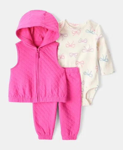 Carter's Baby Girls Bow-print Bodysuit, Quilted Vest & Pants, 3 Piece Set In Pink