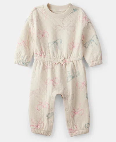 Carter's Baby Girls Bow-print Long-sleeve Quilted Jumpsuit In White