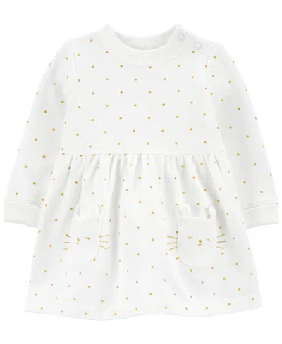 Carter's Baby Girls Cat-face Polka-dot Fleece Dress With Diaper Cover In Ivory