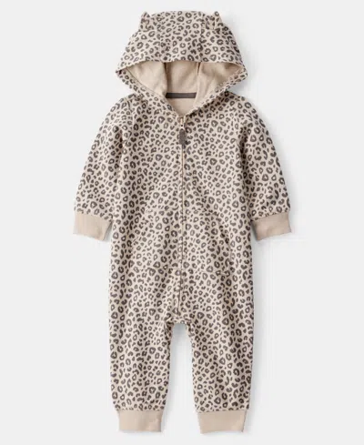 Carter's Baby Girls Cat Leopard-print Cotton Long-sleeve Hooded Jumpsuit In Brown